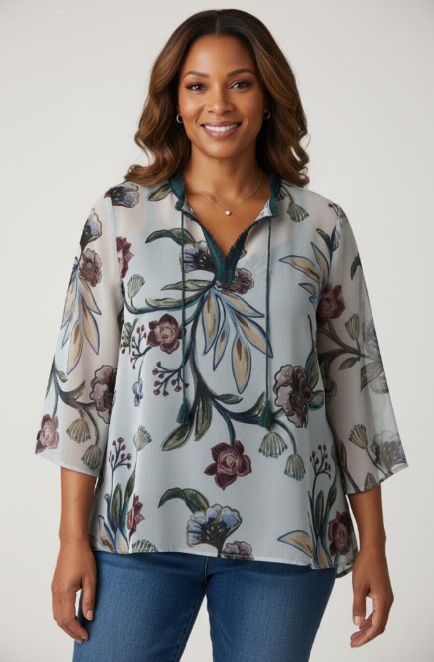 SOFT SURROUNDINGS KIRSTEN FLORAL CHIFFON TUNIC SHELL TOP GRAY MULTI WMNS SIZE 2X